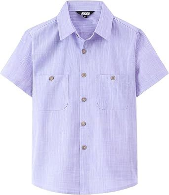 JOGAL Boys Chambray Shirts Short Sleeve Button Down Casual Cotton Woven Shirt with Two Pockets for Kids 6-14 Years