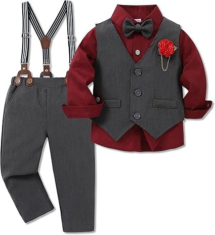 WESIDOM Toddler Boy Clothes Suit Formal Dress Shirt+Bowtie+Vest+Boutonniere+Suspender Pants Boys Gentleman Outfits Set