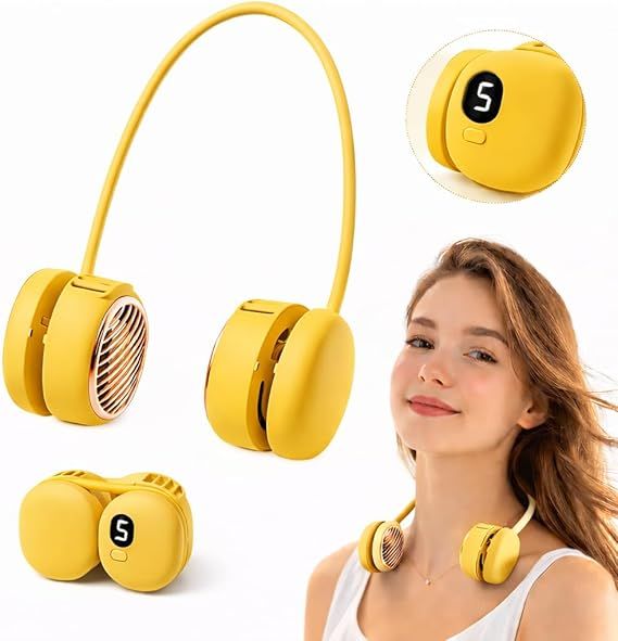Battery Powered Neck Fan That Blows Cold Air - Portable Hands-Free Bladeless Fan w/LCD Display | Birthday Gifts for Men, Adjustable 5 Speeds, Ultra Lightweight for Travel, Gym, Office -Yellow
