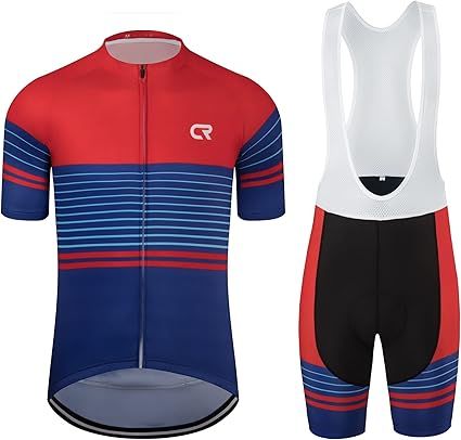 CR Men's Cycling Jersey Set Road Bike Jersey Zipper Pocket Short Sleeves Cycling Kits Bib Shorts 3D Padded