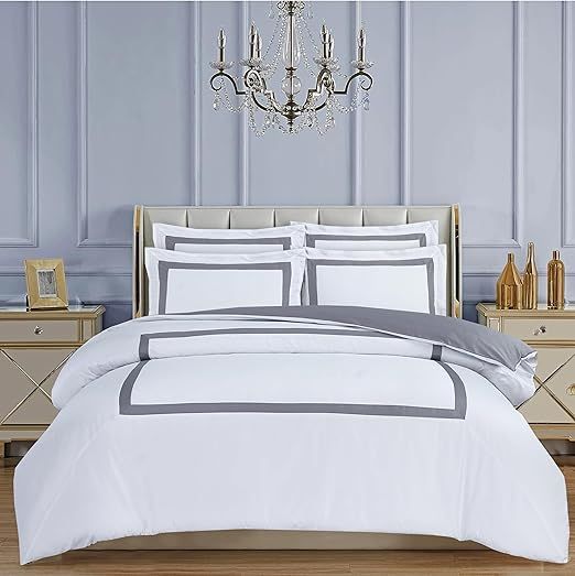 Majestic Giftware Madison Linen 8-Piece Twin Size Bedding Set (BL4-T-8) | Province Hotel Collection-White-Gray Tape 400 TC Cotton Sateen | 2 Fitted Sheets, 2 Duvets, 4 Pillowcases