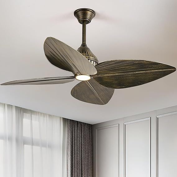 52" Rustic Ceiling Fan, Tropical Ceiling Fans with APP and Remote Control, Indoor Palm Leaf Ceiling Fans with Lights for Living Room Bedroom Patios, Dimmable(Black Gold)