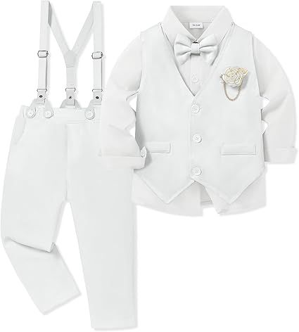 WESIDOM Toddler Boy Clothes Suit Formal Dress Shirt+Bowtie+Vest+Boutonniere+Suspender Pants Boys Gentleman Outfits Set