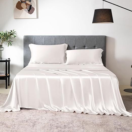 THXSILK 100% Silk Sheet Set, 7A+ Silk Sheet Set Soft Breathable, Luxury Bedding (1 Flat Sheet, 1 Fitted Sheet, 2 Pillow Shams) Full, White