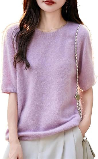 Women's Short Sleeve Crewneck Pullover Merino Wool Seamless Knit Top Soft Warm Casual Autumn Winter T-Shirt