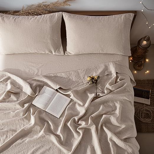 LBRO2M 100% Linen Sheet Set Twin XL Size,Bed Sheets 3 Piece Sets,Solid Color Natural Flax Bed Sheets Soft Breathable Bedding,16" Deep Pocket,All Season (Twin XL, Linen)