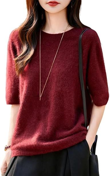 Women's Short Sleeve Crewneck Pullover Merino Wool Seamless Knit Top Soft Warm Casual Autumn Winter T-Shirt