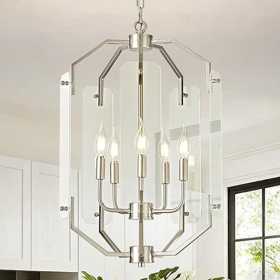 OKELI 15.7” Farmhouse Chandelier for Dining Room, 5-Light Brushed Nickel Chandeliers with Adjustable Chain, Hanging Glass Pendant Light for Entryway, Foyer, Kitchen Island, Living Room, E12