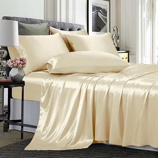 100% Mulberry Silk Sheet Set - 22 Momme Grade 6A, 16-18 Inch Deep Pocket, Indulgent Sheets for Dreamlike Comfort, Full XL-Beige
