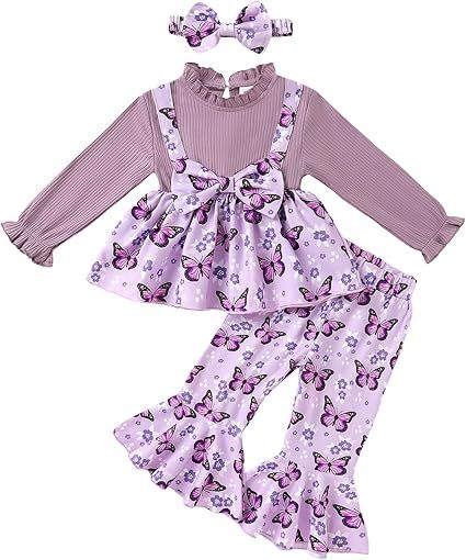 YOUNGER TREE Toddler Baby Girl Clothes Infant Fall Winter Outfits Long Sleeve Shirts and Ruffle Floral Pant Set