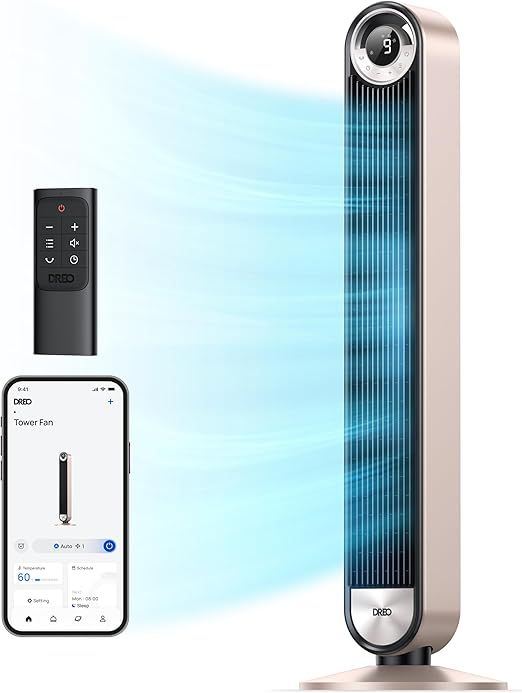 DREO Tower Fan for Bedroom, 90° Oscillating Standing Fan with 28ft/s Velocity, 20dB Quiet for Sleep, DC Motor, 9 Speeds, 4 Modes, 12H Timer, Voice & APP & Remote Control, 42" Cruiser Pro T2 S