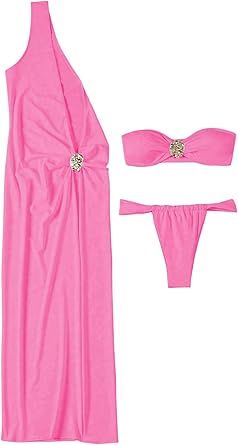 About this item  •   Fabric is very stretch, soft and comfortable •   3pcs summer solid bandeau bikini swimsuit with cover up dress for women •   Feature: Strapless, sleeveless, bandeau tops, thong bikini bottom, one shoulder split cover up dress, womens 