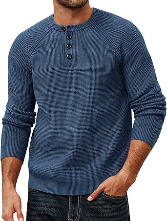 PJ PAUL JONES Mens Sweaters Casual Waffle Pullover Sweater Button Crewneck Textured Knit Henley Sweaters