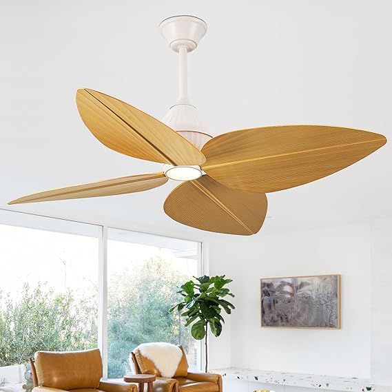 52" Ceiling Fan, Tropical Ceiling Fans with APP and Remote Control, Indoor Palm Leaf Ceiling Fans with Lights for Living Room Bedroom Patios, Dimmable(Light Wood Grain)