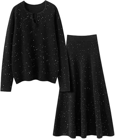 Women's Luxury 2 Piece Set V-Neck Sequin Pullover Sweater And High Waist A-Line Skirt Cozy Knit Sets