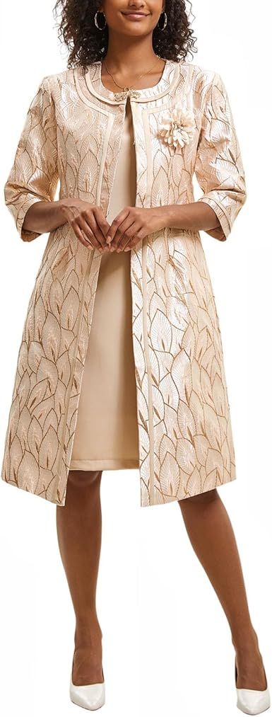 Women's Formal Church Dress Suit with Embossed Embroidery Long Jacket Church Set for Special Occasions or Wedding Parties