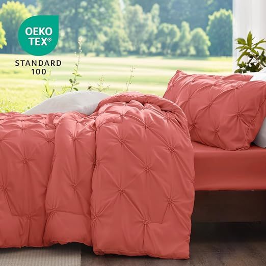 BEDELITE Coral Queen Comforter Set - 3 Pieces Boho Pintuck Bedding Comforter Sets, Lightweight Soft & Warm Bed Comforter Queen with 2 Pillowcases for All Season