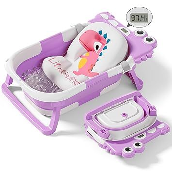 Collapsible Baby Bathtub for Newborn, Foldable Baby Bath Tub with Thermometer & Soft Floating Cushion & Drain Hole, Portable Travel Infant Bath Tubs for Newborns to Toddlers 0-36 Months Girls
