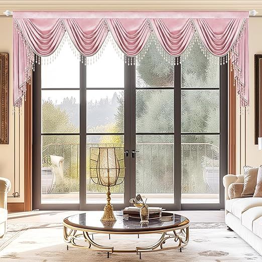 VOGOL Pink Retro Waterfall Valance, Vintage Style Swag Valances for Living Room, Privacy Solid Window Treatment Home Decor for Farmhouse, Rod Pocket Top, 138 Inches Wide, 1 Panel