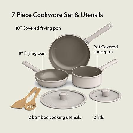 bella 7 Piece Cookware Set with EverGood™ Ceramic Nonstick Coating​, Dishwasher Safe Oven Safe, All Stovetops Compatible, Glass Lids with Silicone Rims, Cool Touch Handles, Oatmilk