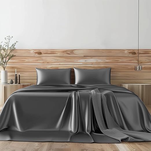 Twin XL Size 4-Piece Sheet Set Premium 30 Momme Mulberry Silk Bed Sheets Set Fits 23-26" Deep Pocket (Solid, Elephant Grey)