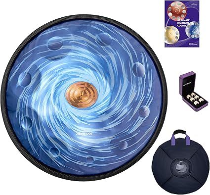 ASTEMAN Handpan in D Minor,432hz, 22 inches with 10 notes, comes with a backpack, courses, finger sleeves, stand, cleaning cloth, and two mallets.