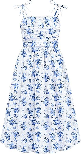 Arshiner Girls Summer Dress Maxi Spaghetti Strap Ruched Flowy Beach Boho Casual Teen Girl Sundress 6-14 Years