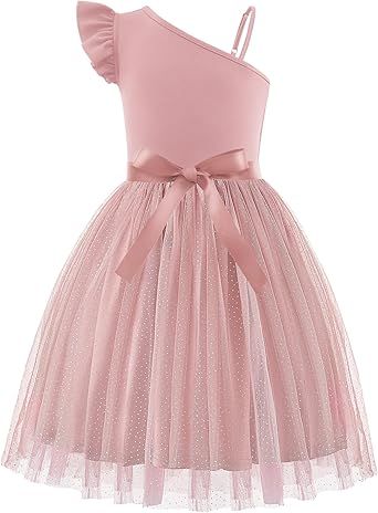 Arshiner Girls Dresses Summer One Shoulder Ruffle Sleeveless Formal Fancy Party Birthday Tulle Dress with Belted