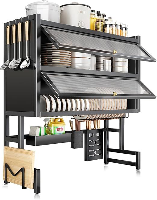 Dish Drying Rack 4 Tiers with Cover, Keep Kitchen Sink Shlef Organized Space-Saving, Large Drying Rack for Dishes, Glasses, Bowls, Cutlery Black (37.4'' Double)