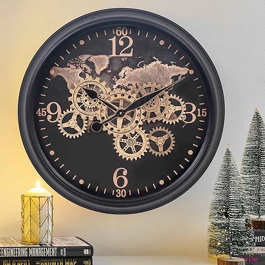 CLXEAST 24 Inch Moving Gear Wall Clock with World Map Pattern,Large Black Gold Metal Wall Clock for Modern Farmhouse Living Room Decor,Reloj De Pared para Sala