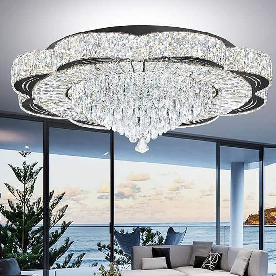 Modern Crystal Chandelier for Living Room Black 32in Crystal Raindrop Ceiling Light for Room Bedroom LED Dimmable 2700-6000K