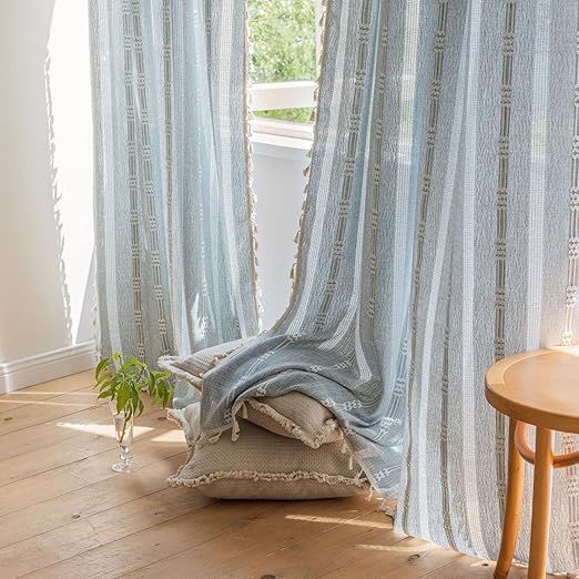 Boho Embroidery Striped Farmhouse Curtains - 96 Inch Long, 2 Panel Set, Blue Linen, Tassel, Semi-Blackout, Living Room (52" W x 96" L)