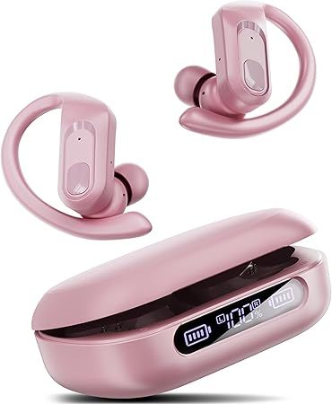 occiam Active Noise Cancelling Wireless Earbuds Bluetooth Headphones Ear Buds 96Hrs Playback Clear Call Waterproof Earphones with Ear Hook Microphones for Sport Running Pink
