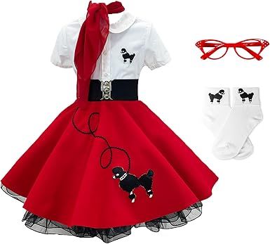 Hip Hop 50's Shop Girls 1950s Poodle Skirt Costume 7 Piece Child Outfit Set