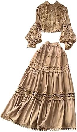 Women's Two Piece Embroidered Blouse Skirt Set Hollow Out Top A Line Midi Skirt Outfit