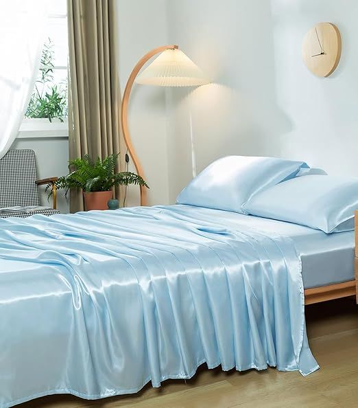 Twin XL Size 4-Piece Sheet Set Premium 30 Momme Mulberry Silk Bed Sheets Set Fits 23-26" Deep Pocket (Solid, Light Blue)