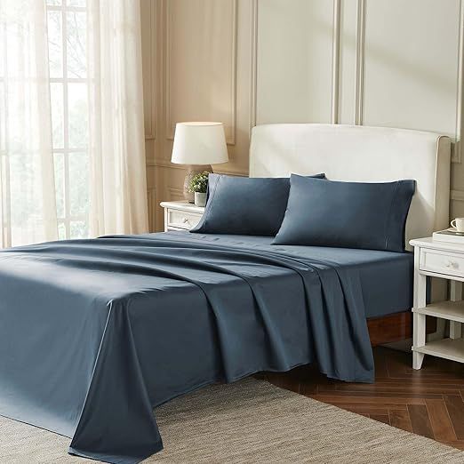 Superior Egyptian Cotton 850 Thread Count Bed Sheet Set, 1 Elastic Deep Pocket Fitted Sheet, 1 Flat Sheet, 2 Pillowcases, Daily Soft Sheets, Luxury, Plush, Home Collection, California King, Dark Blue
