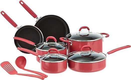 Amazon Basics Aluminum Non-Stick Cookware Set, Oven Safe, Dishwasher Safe, PFOA Free, Stay-Cool Handles, 12-Piece, Red