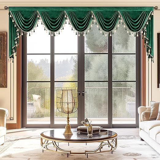 VOGOL Dark Green Velvet Waterfall Valance, Luxury European Style Christmas Valances Home Decor for Farmhouse, Rod Pocket Swag Curtains for Living Room, W138, 1 Panel