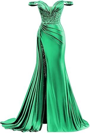 Homdor Off Shoulder Satin Prom Dresses Long 2026 Beaded Formal Dresses Pleated Evening Party Gown with Slit Tail