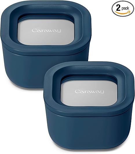 Caraway 2pc Glass Food Storage Set - 1.75 Cup Food Containers (2) - Non-Toxic Ceramic-Coated Glass - Air Release Technology - Compact & Stackable Design - Navy