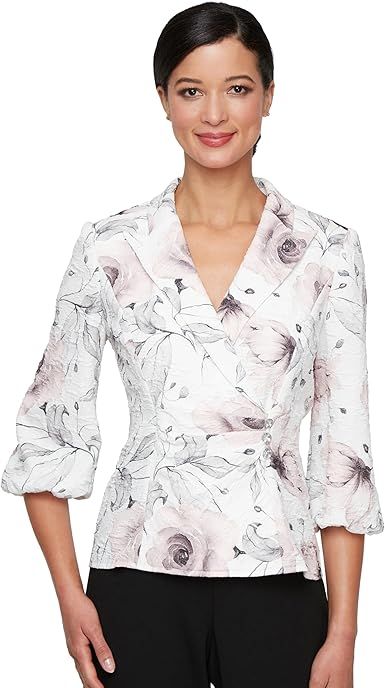 Alex Evenings Women's 3/4 Sleeve Printed Stretch Jacquard Collared Blouse with Side Close