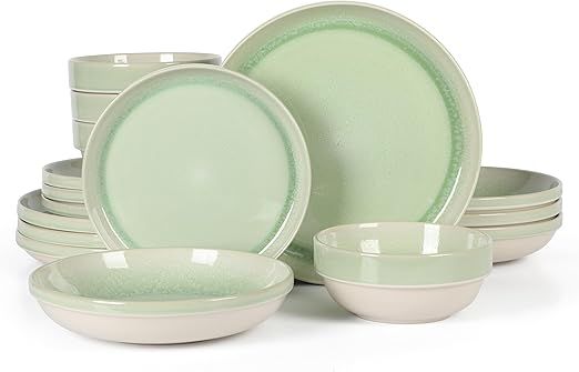 Sur La Table Kitchen Essentials Banquette 16 Piece Double Bowl Plates and Bowls Reactive Glaze Stoneware Dinnerware Set - Green