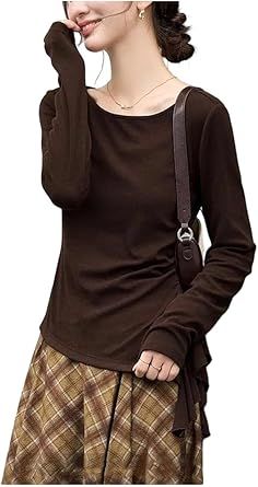 Women Slash Neck Asymmetric Ruffle Long Sleeve Top