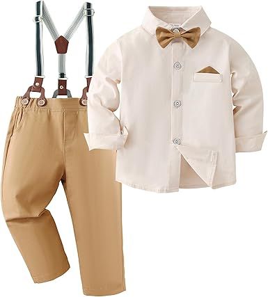 DISAUR Boy Suits Boys Wedding Outfit Dress Shirt with Bowtie/Suspender Pants for Formal Occasion 6-10 Years