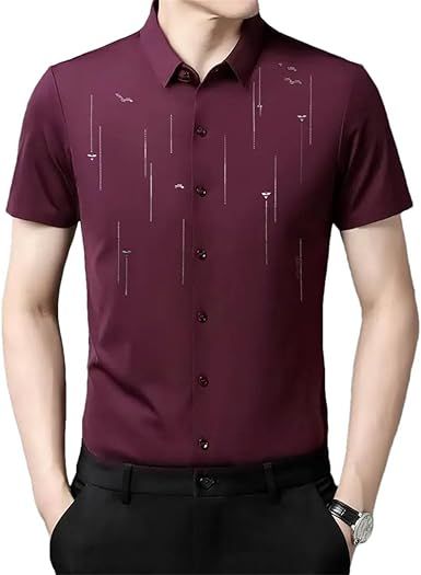 Men Summer T-Shirt Short Sleeve Solid Turn-Down Collar Striped Business Button Tops