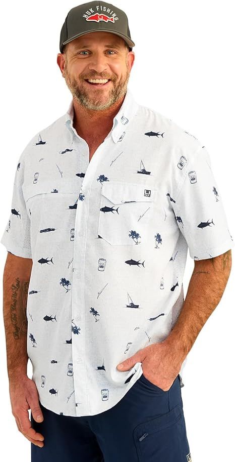 HUK - Men's Tide Point Pattern Short Sleeve Shirt, Fishing Button Down