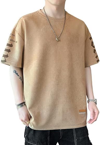 Khaki Short Sleeved Men's Loose Fitting Breathable Top for Youth Casual Sports T-Shirt