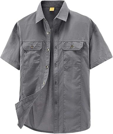 Adhdyuud Men's Short Sleeve Button Down Shirt Lightweight Quick Dry Outdoor Flap Pockets Workwear Shirt