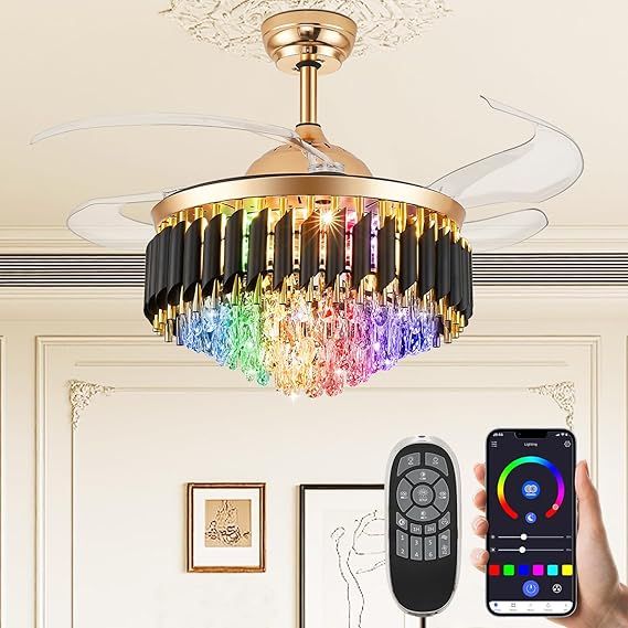 36" Bluetooth Ceiling Fan with Speaker, RGB-LED Dimmable Light 6 Speeds Reversible Blades Modern Fandelier Chandelier with Remote APP Control Memory Timer Function for Bedroom Gold